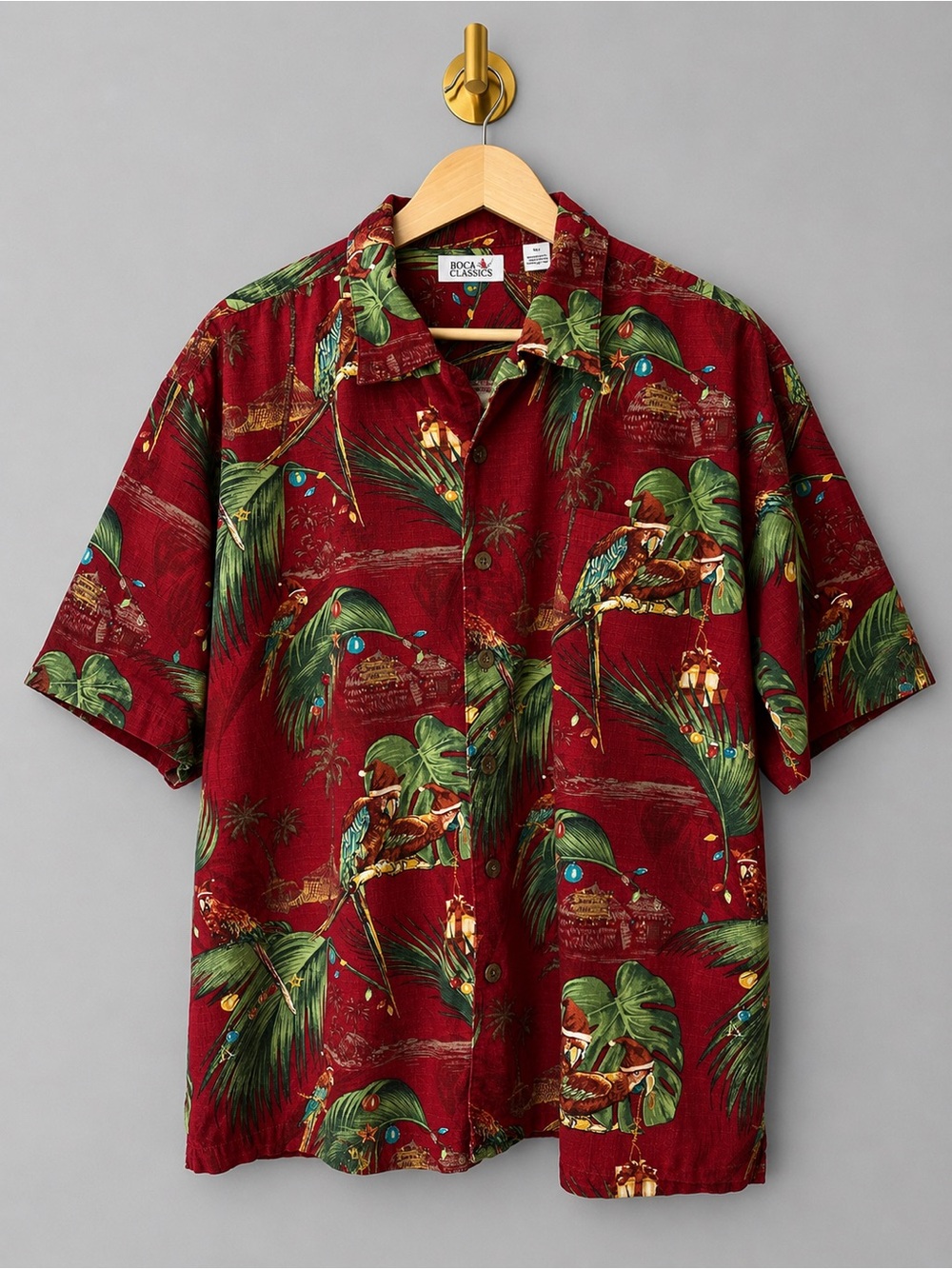 Boca Classics Tropical Christmas Parrot Hawaiian Shirt Santa Hat Aloha Button-Up